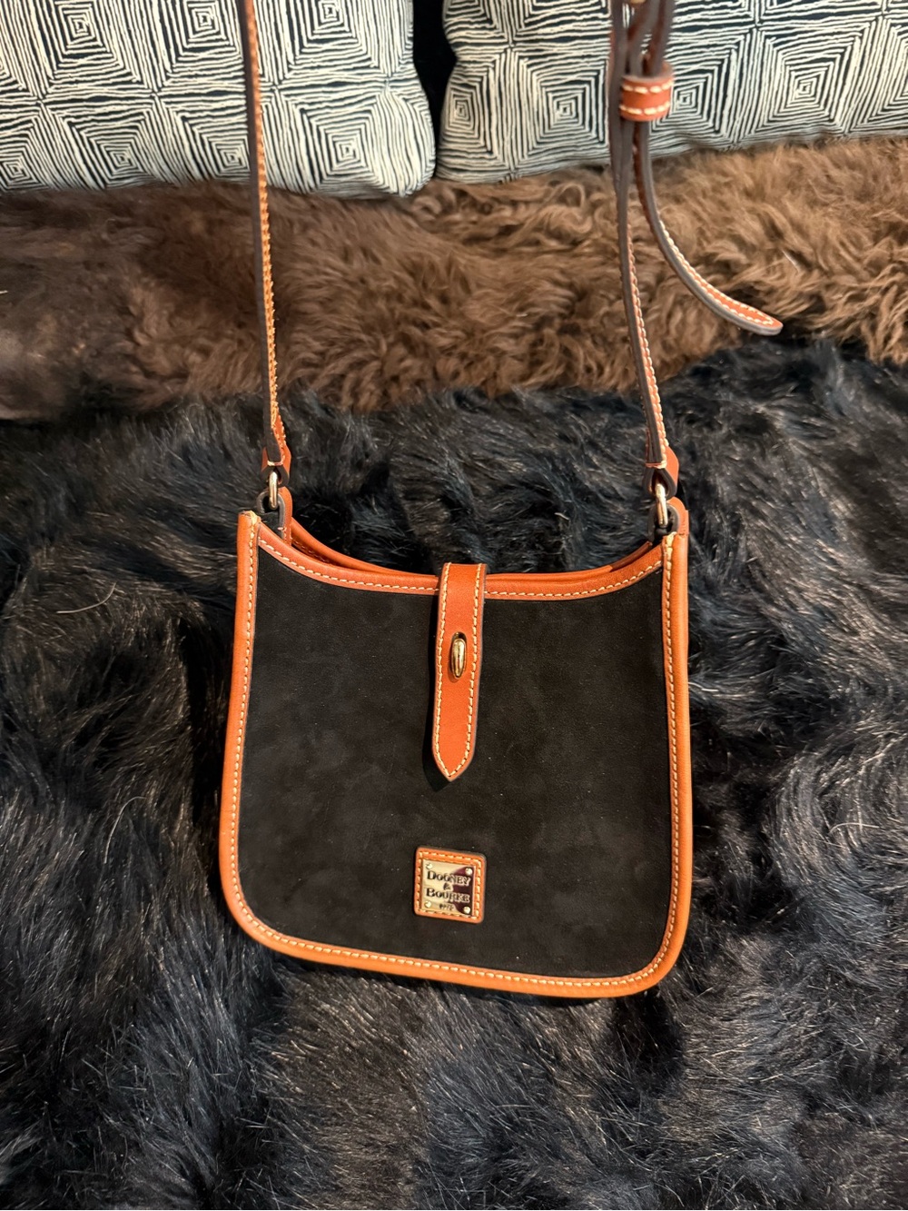 Dooney & Bourke Black Suede Crossbody with Brown Leather Trim